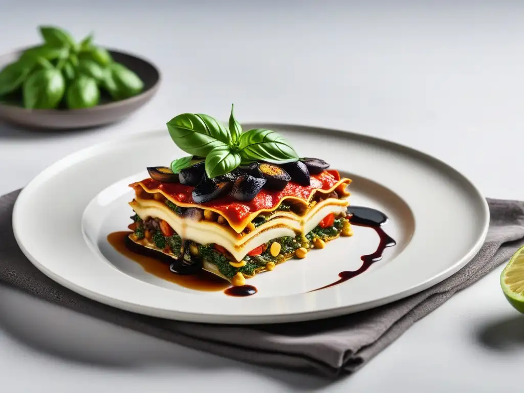 Un lasaña vegana colorida con verduras asadas, queso de anacardos y albahaca fresca, adornada con reducción de balsámico