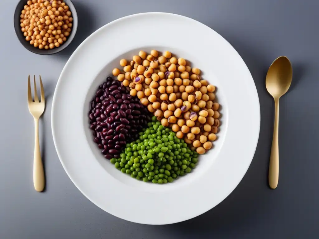 Legumbres veganas saludables y deliciosas en un plato blanco moderno, cocidas y brillantes, creando un patrón colorido