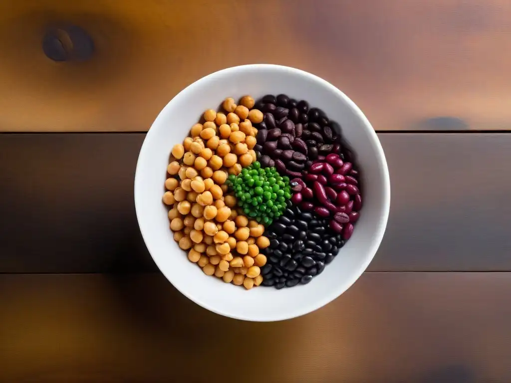 Legumbres veganas saludables y deliciosas en un bol blanco sobre mesa de madera