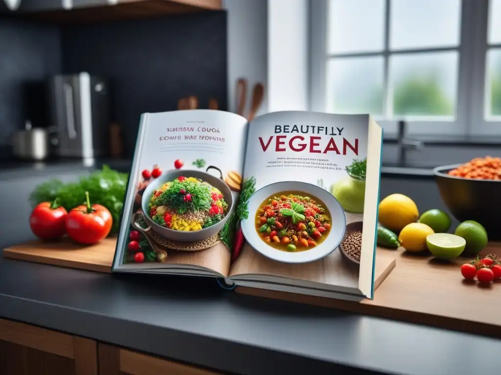 Libro de cocina vegana con arte visual: recetas coloridas y detalladas en una encimera iluminada por la luz natural