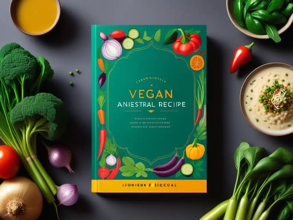 Un libro de recetas veganas ancestrales rodeado de ingredientes frescos y coloridos, fusionando tradición y veganismo en una cocina cálida y acogedora