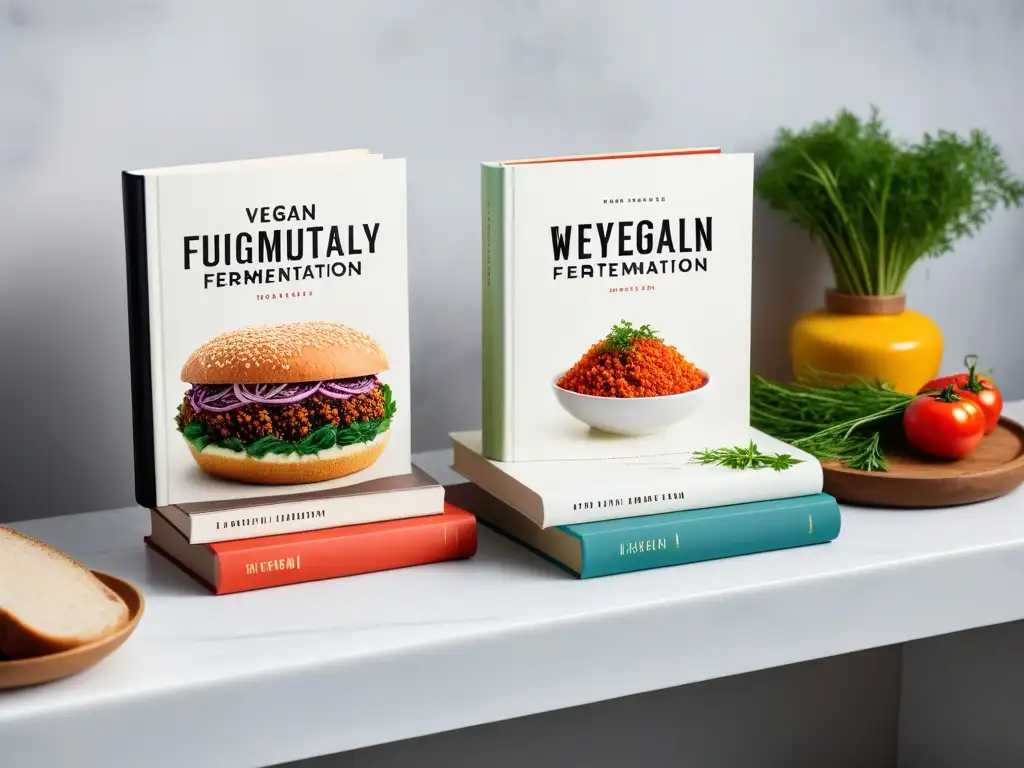 Tres libros expertos en fermentación vegana mostrando recetas coloridas y detalladas en una cocina minimalista