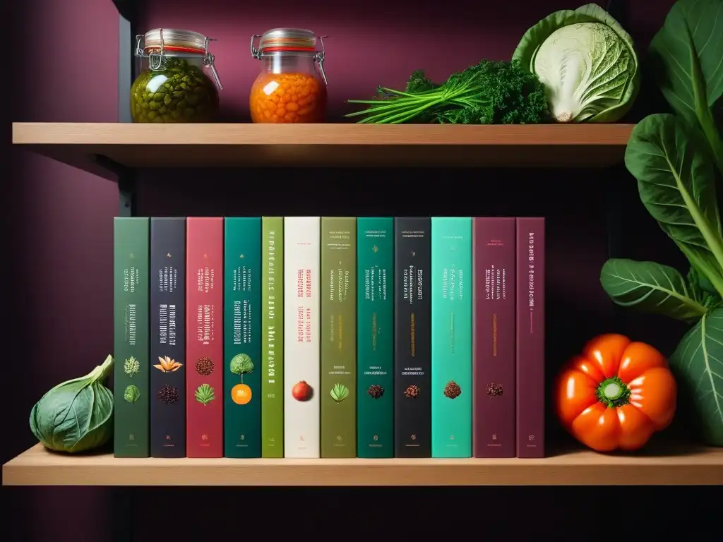 Libros fermentación vegana expertos: Estantería moderna con libros especializados en fermentación vegana, diseño minimalista y detalles vibrantes