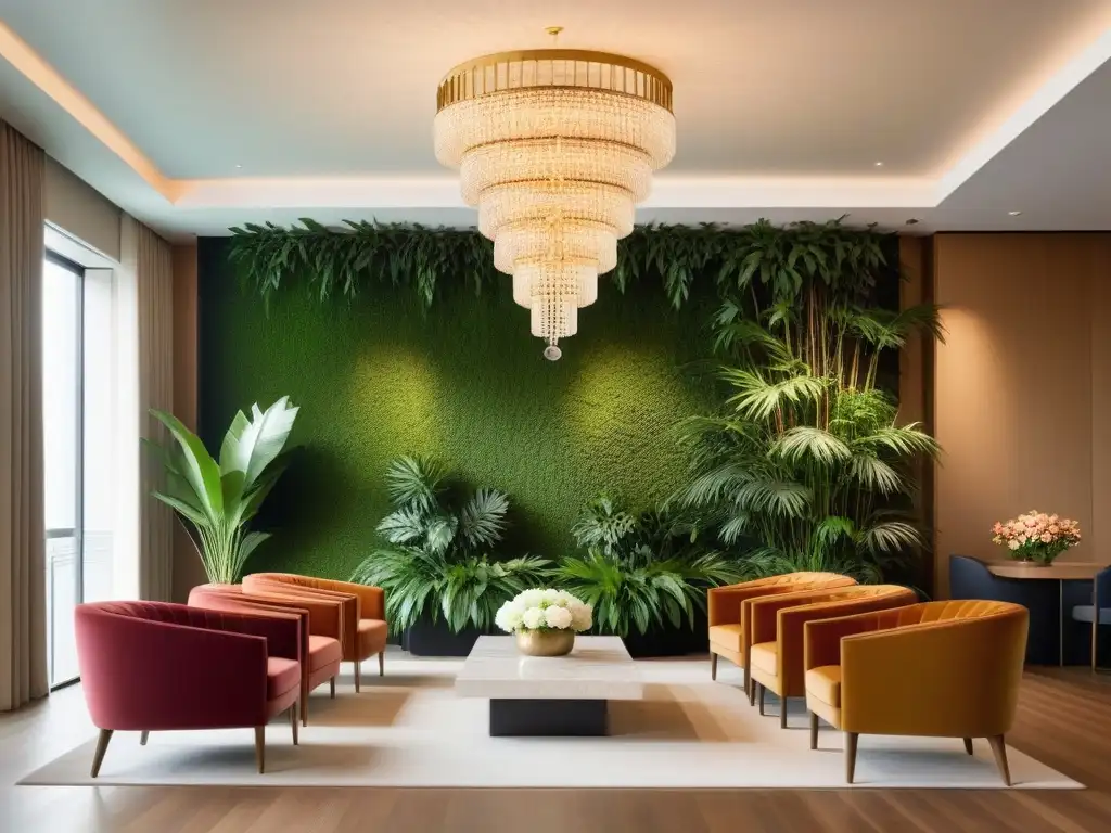 Un lobby de hotel lujoso y moderno con diseño sostenible, destacando un candelabro de cristal reciclado