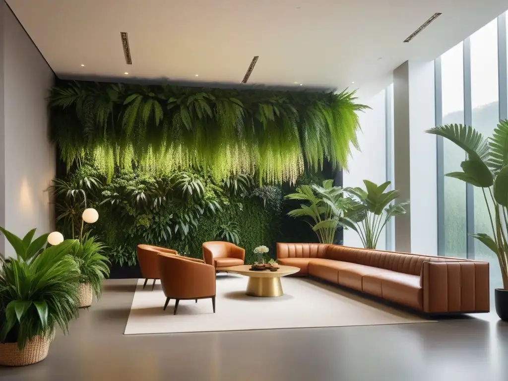 Un lobby de hotel moderno y ecofriendly en España, lleno de vegetación, luz natural y muebles sostenibles