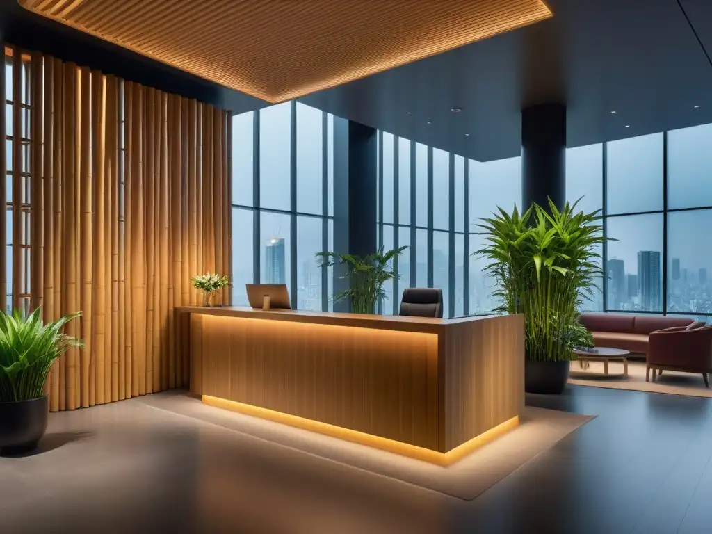 Un lobby de hotel moderno en Tokyo, elegante y sostenible