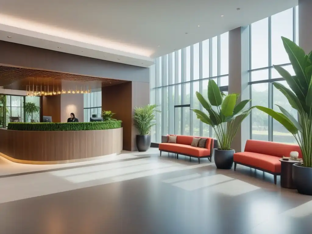 Un lobby de hotel moderno y sereno con plantas verdes, muebles ecológicos y animales amigables