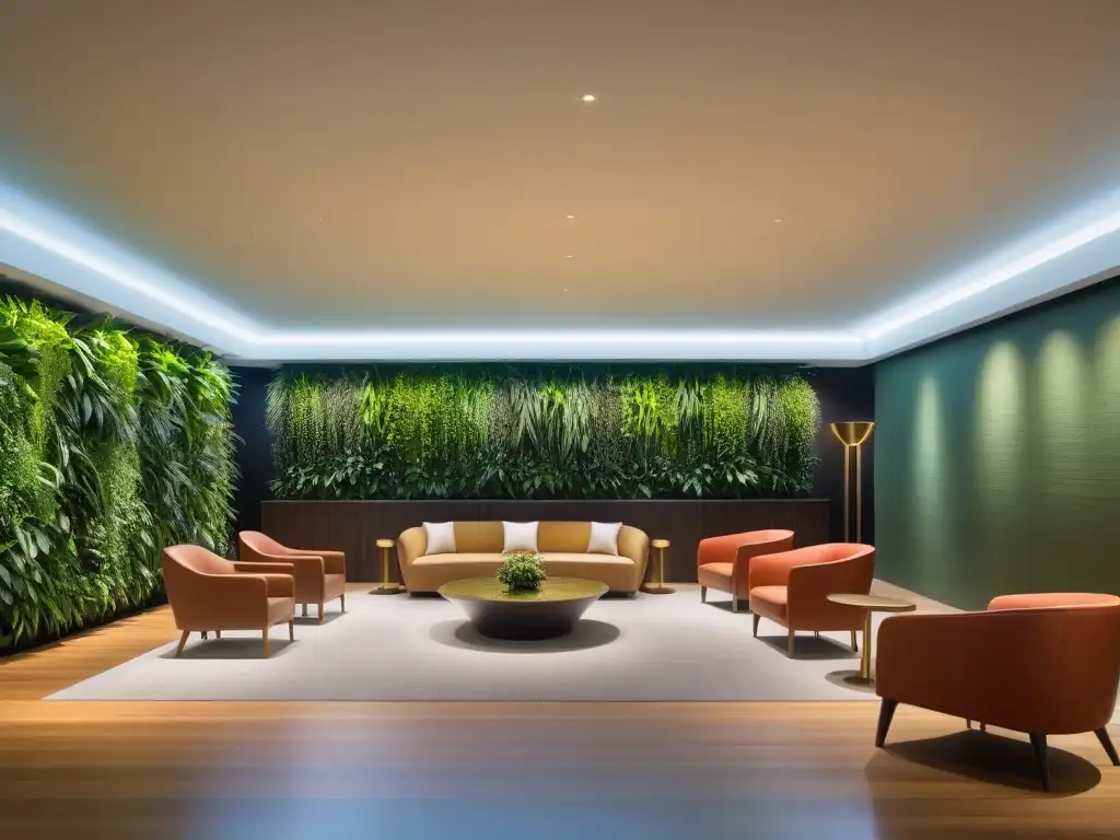 Un lobby de hotel moderno y sostenible con diseño vegano, muebles reciclados y ambiente acogedor