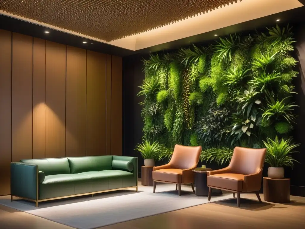 Lujo sostenible en hoteles veganos: Lobby elegante con muro verde vivo, muebles veganos y iluminación suave