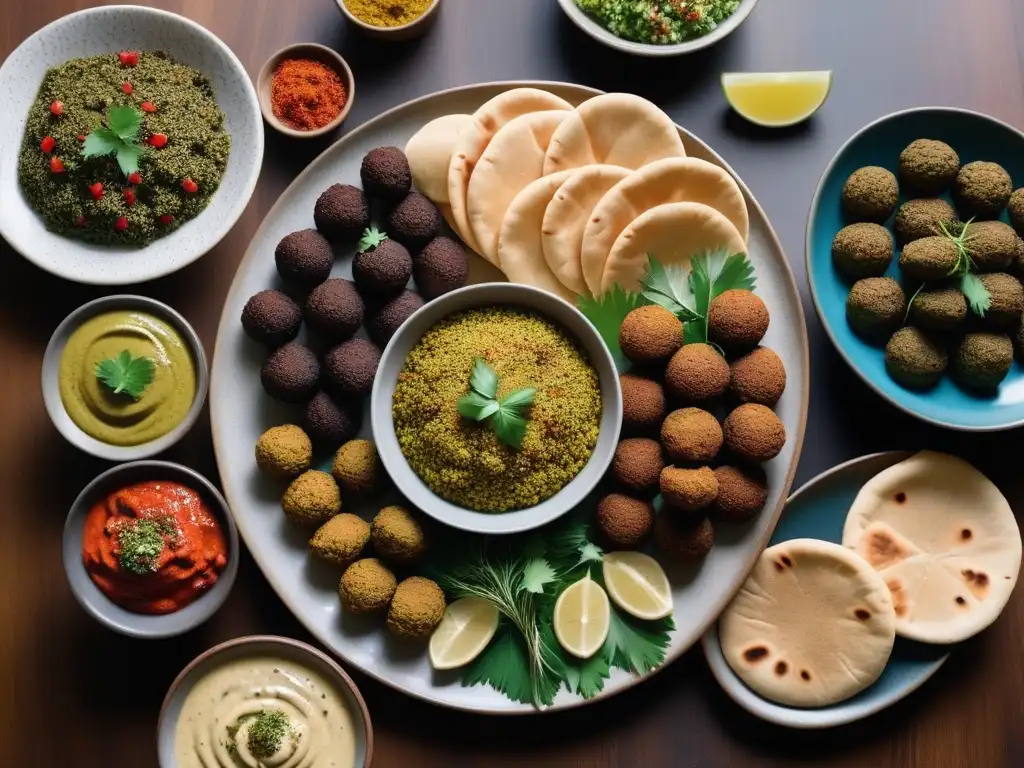 Una lujosa mesa de cocina vegana de Medio Oriente con falafel, hummus, tabbouleh y especias exóticas