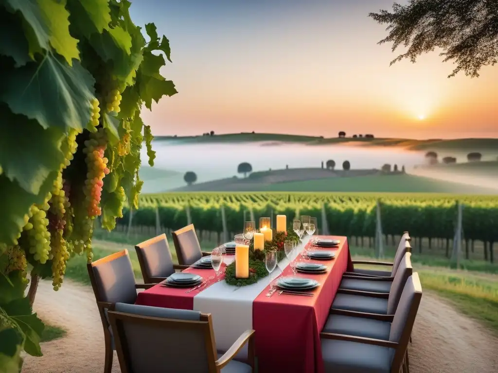 Un lujoso comedor al aire libre en un retiro vegano de lujo en Francia, rodeado de vegetación exuberante y viñedos al atardecer