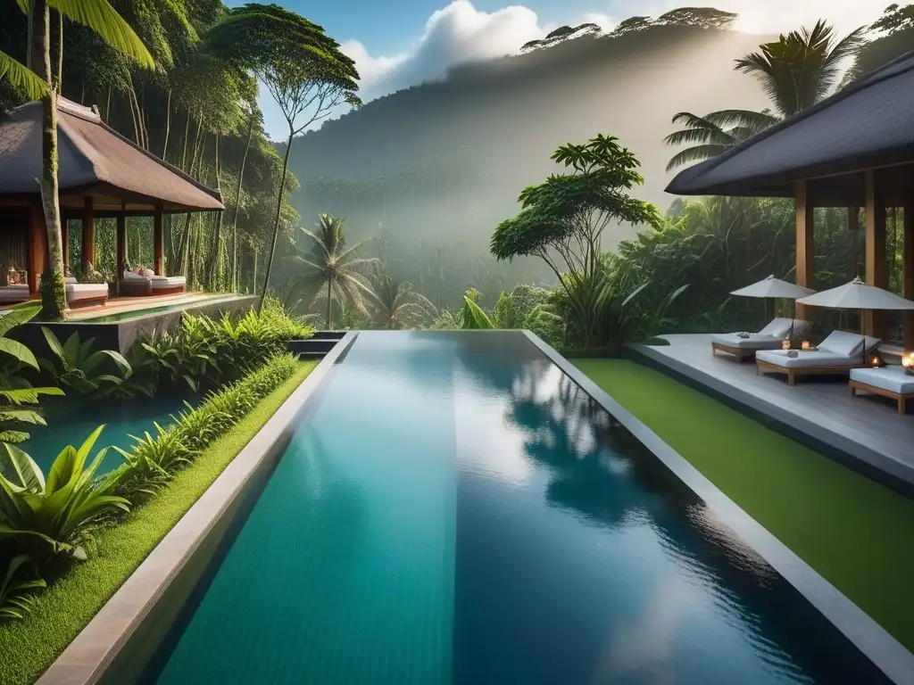 Un lujoso resort vegano en Bali con una piscina infinita rodeada de exuberante vegetación y palmeras