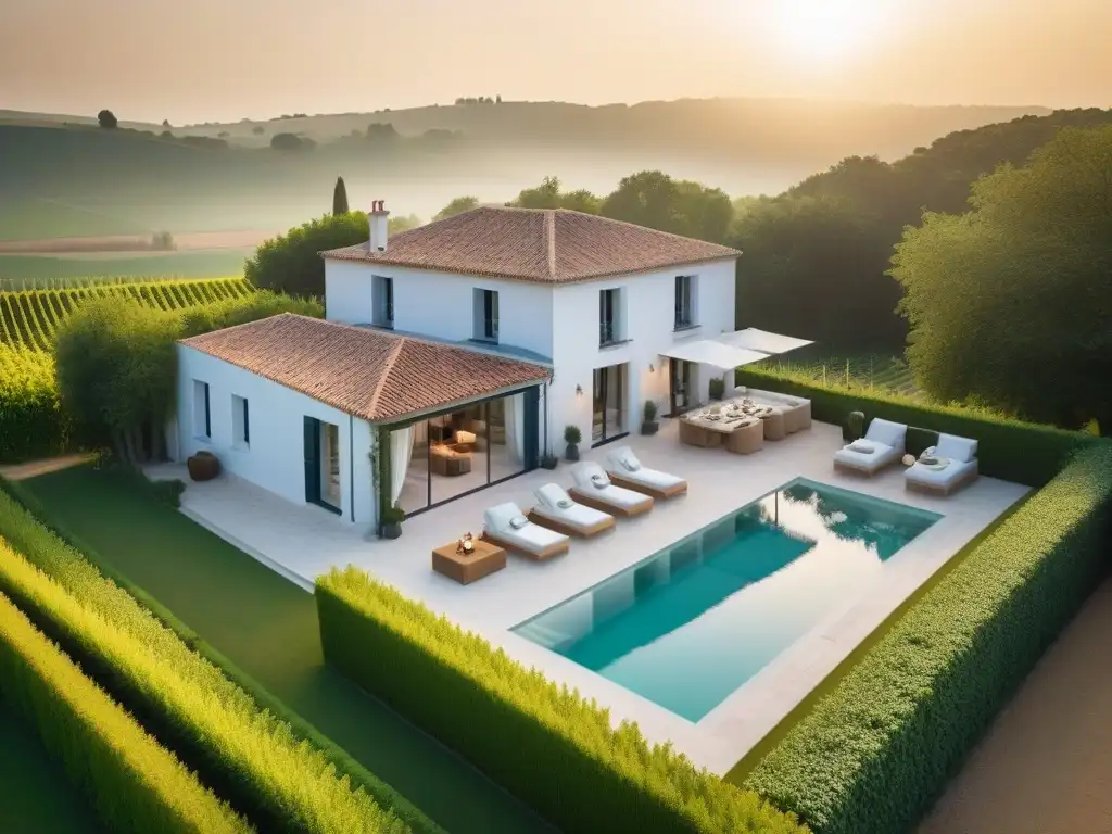 Un lujoso retiro vegano en la campiña francesa: elegantes villas rodeadas de naturaleza exuberante y viñedos al atardecer