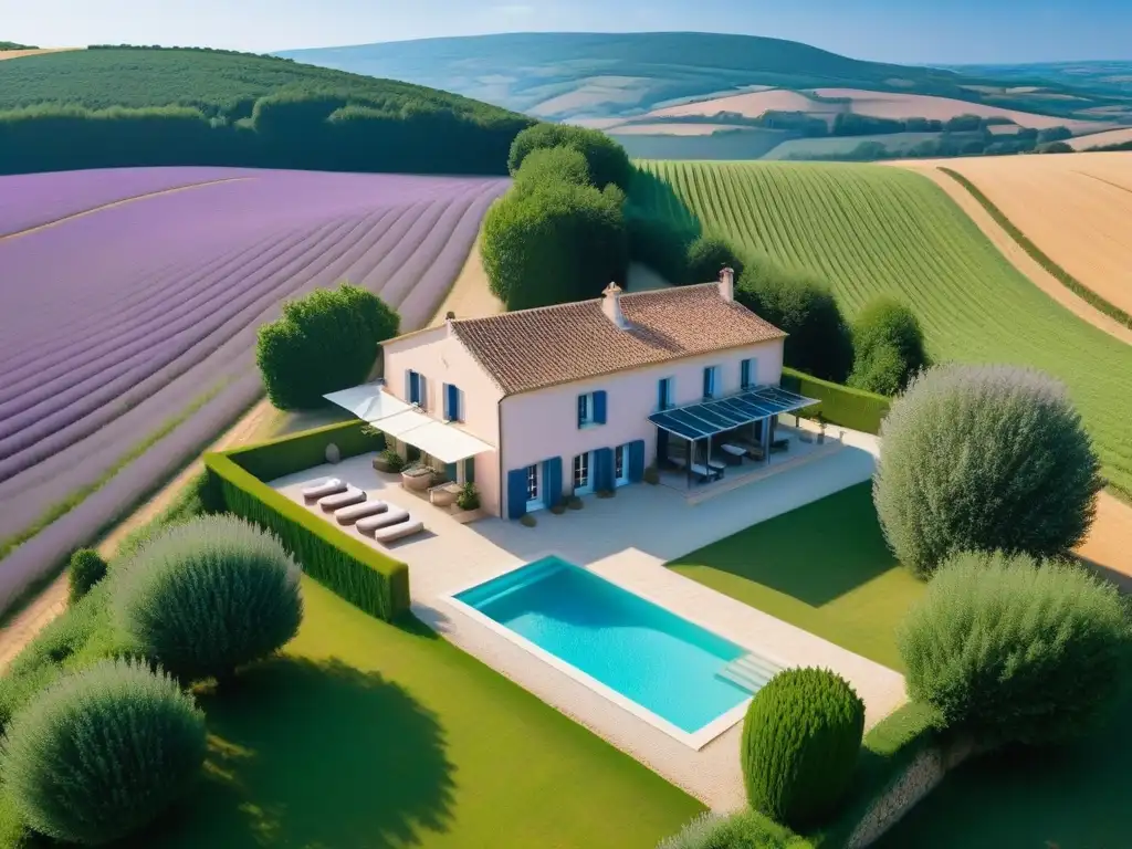 Un lujoso retiro vegano en Francia, rodeado de viñedos y campos de lavanda, con arquitectura moderna y una piscina infinita