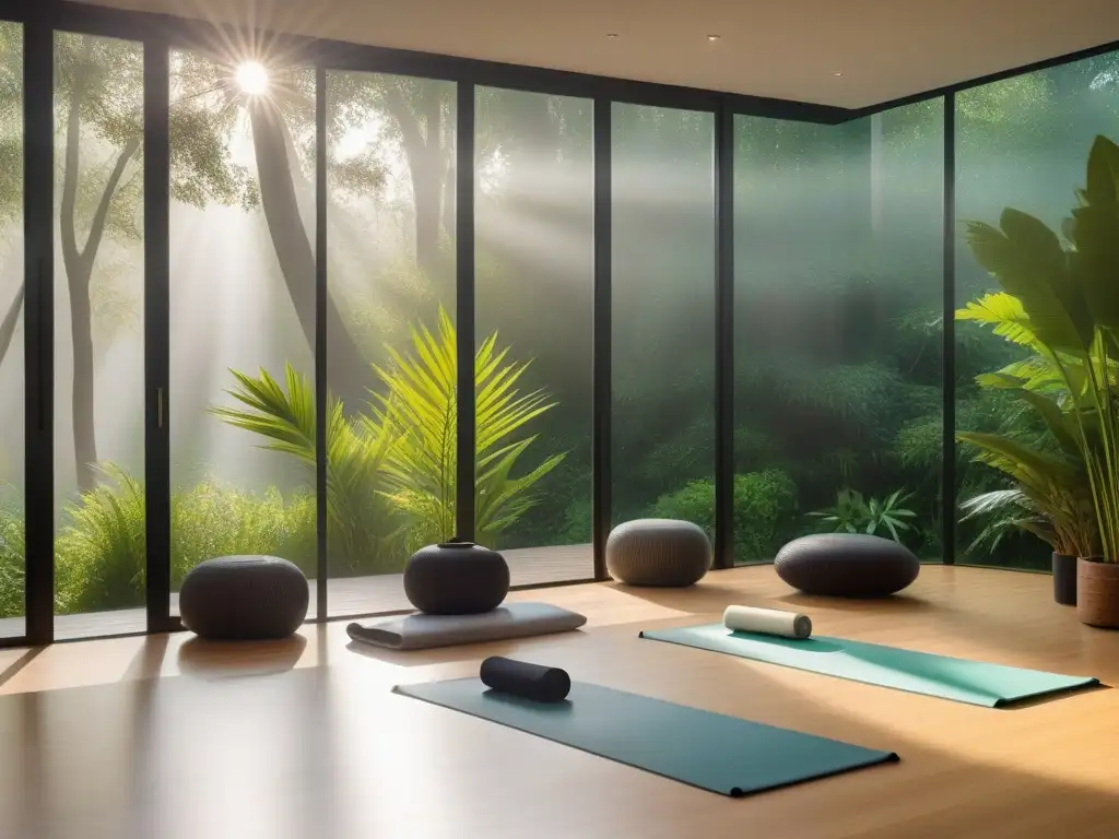 Luminoso estudio de yoga con vista a un bosque, decoración minimalista y suelo de bambú, ideal para retiros veganos de yoga