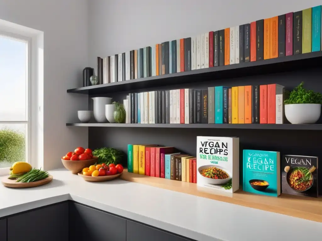 Un luminoso y moderno ambiente de cocina con estantes organizados repletos de coloridos libros de recetas cocina vegana rápida