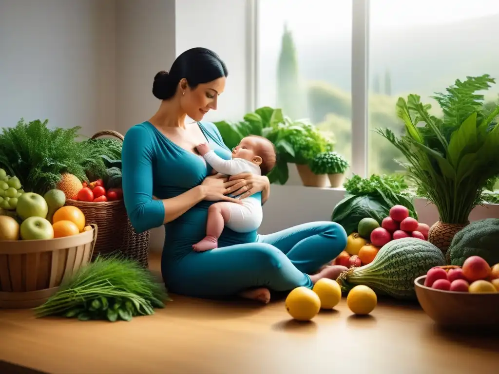 Una madre amamanta a su bebé en una habitación soleada, rodeados de plantas verdes y alimentos coloridos