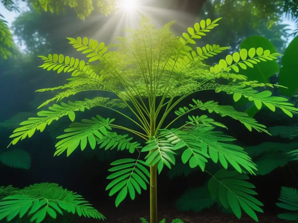 Un majestuoso árbol de moringa con hojas verdes vibrantes, raíces, flores y semillas detalladas en un jardín sereno iluminado por los rayos del sol