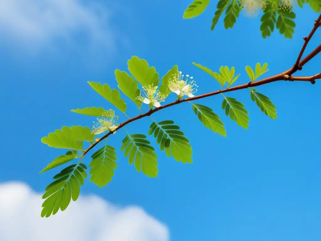 Un majestuoso árbol de moringa verde vibrante bajo el cielo azul, con hojas exuberantes y flores blancas