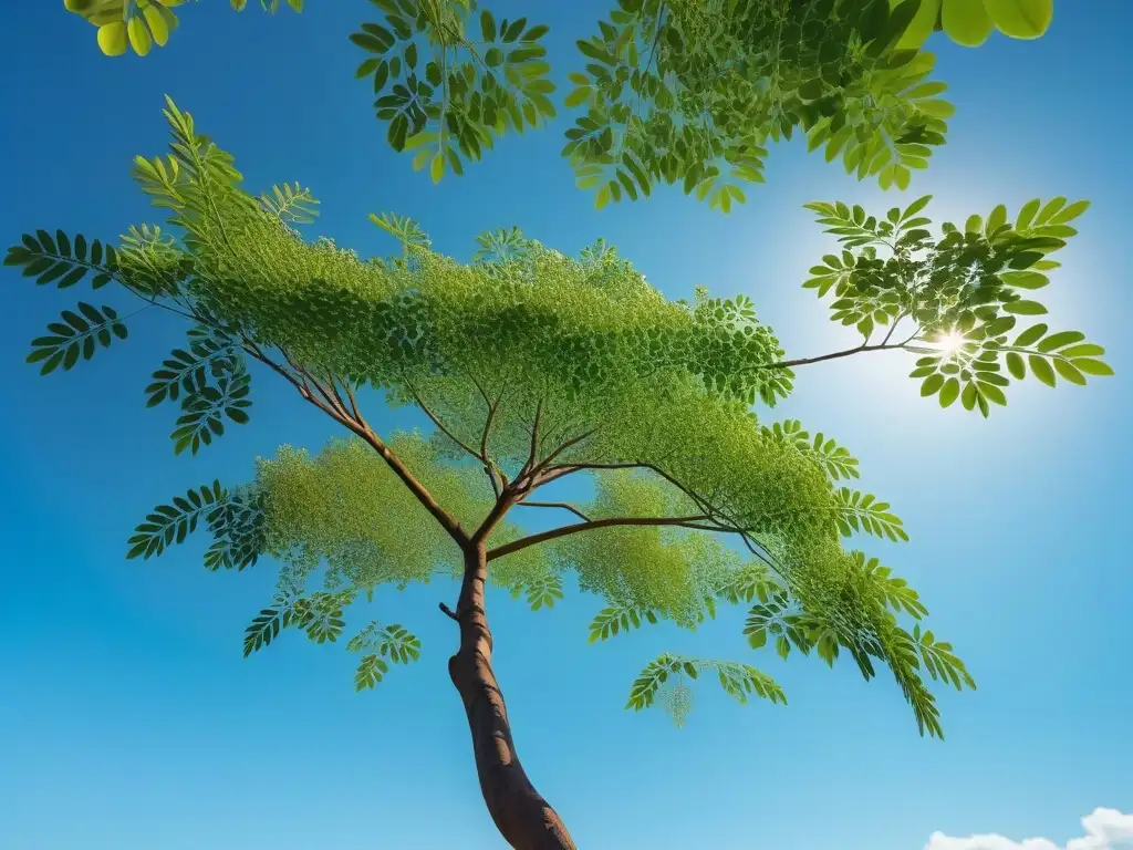 Un majestuoso árbol de moringa vibrante bajo el sol, con hojas, flores y semillas