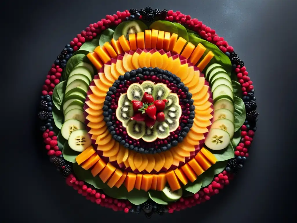 Un mandala de frutas y verduras vibrantes, con polvo de Ashwagandha, resalta los beneficios de ashwagandha en veganos