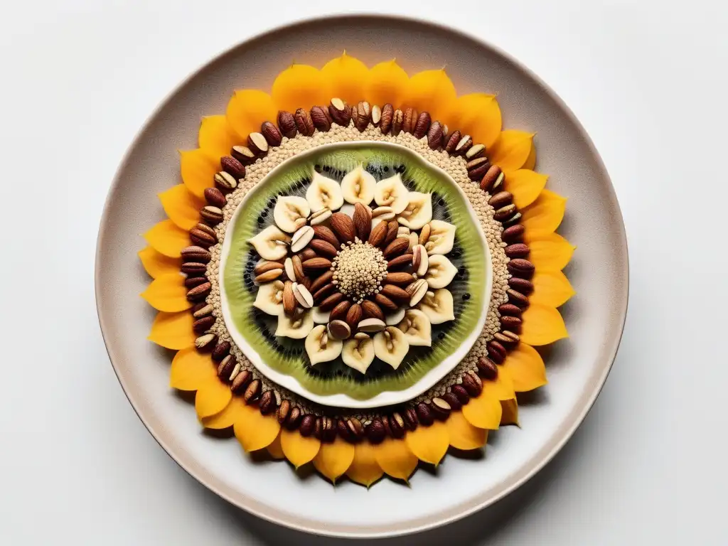 Una mandala de semillas y frutos secos coloridos en plato blanco, resaltando beneficios de frutos secos veganos