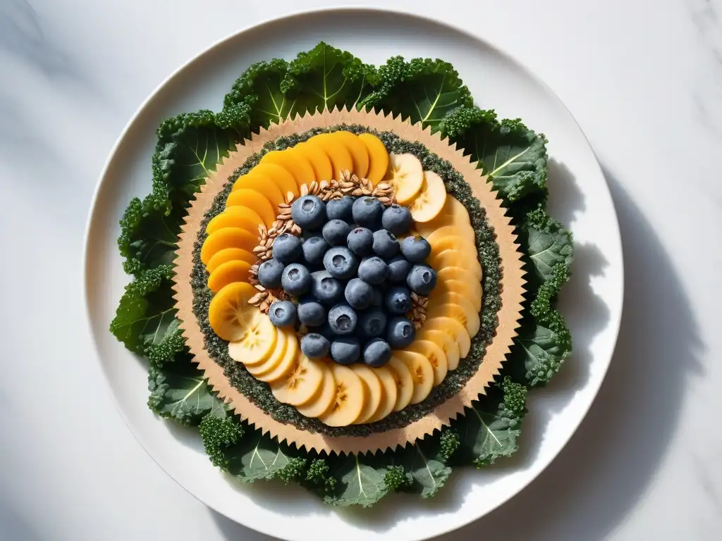 Un mandala de superfoods veganos para digestión saludable: kale, arándanos, semillas de chía y almendras en un plato blanco moderno