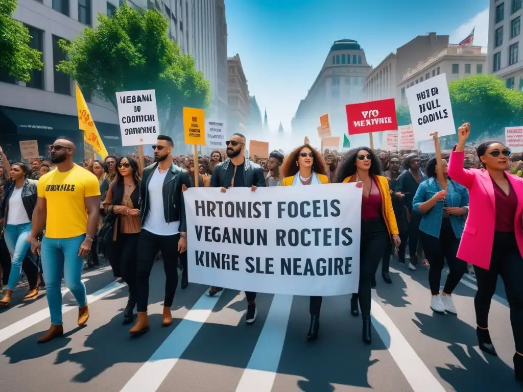 Manifestación colorida por el veganismo y los derechos animales en la ciudad, reflejando su impacto social