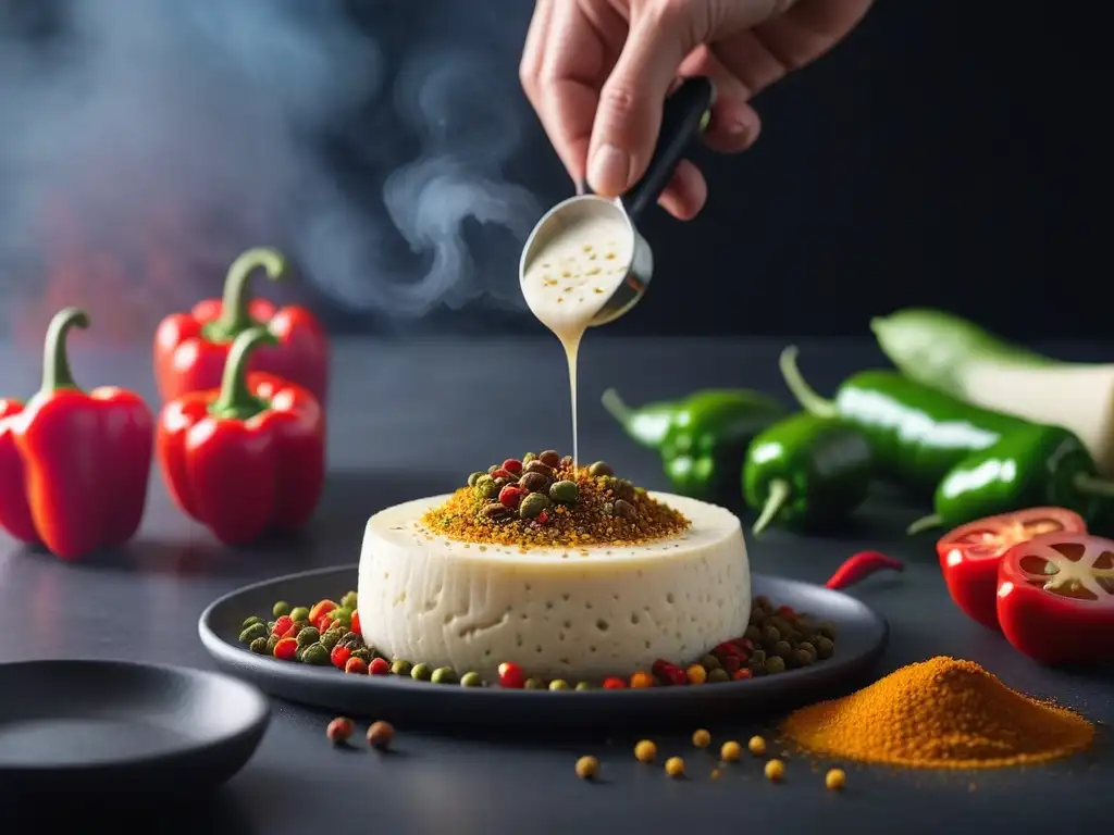 Mano espolvoreando especias coloridas sobre queso Pepper Jack vegano recién hecho, en cocina moderna