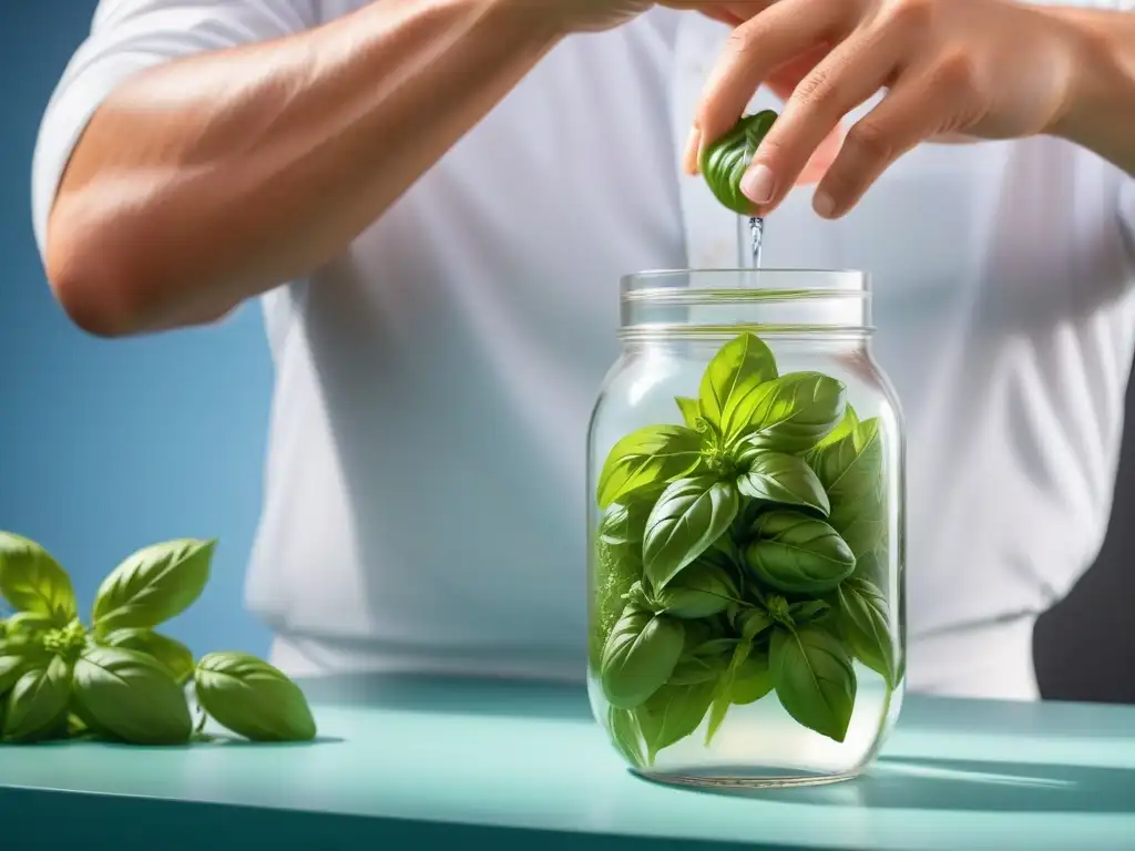 Mano colocando hojas de albahaca en frasco con agua, para conservar hierbas frescas más tiempo