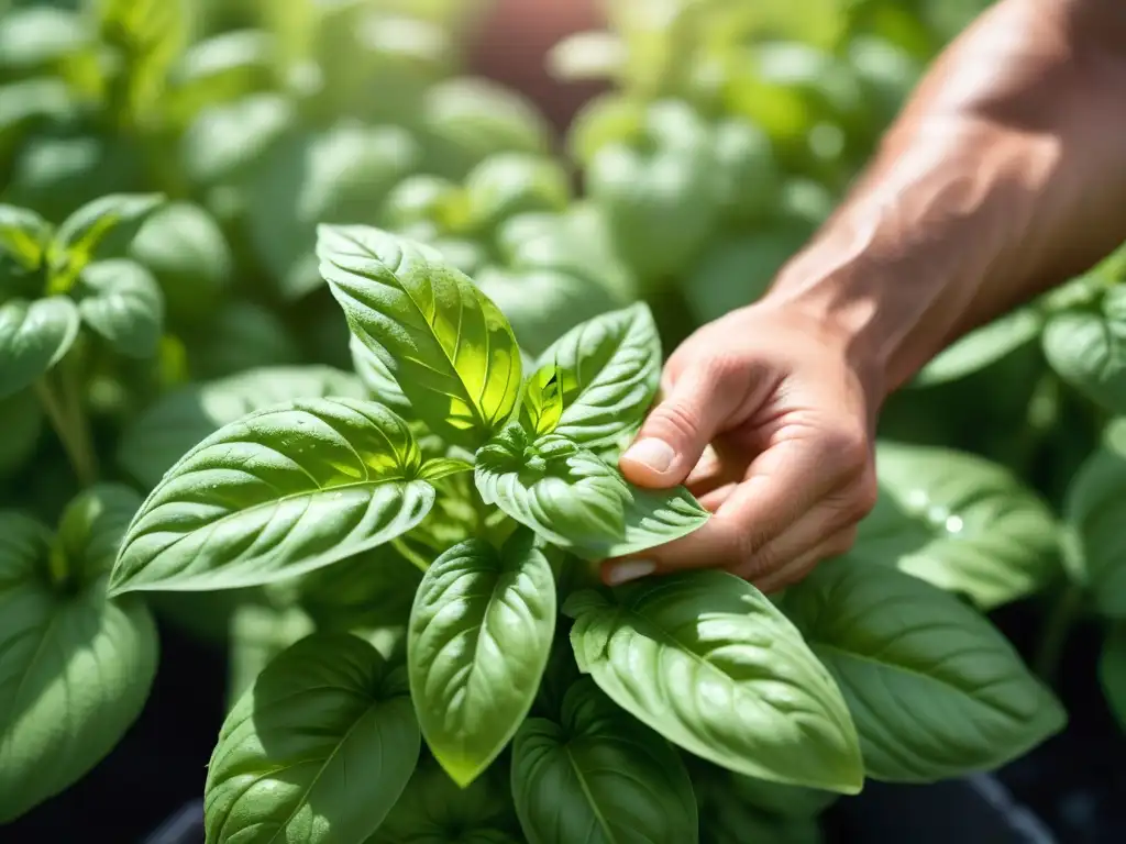 Mano recogiendo hojas de albahaca verde brillante en un jardín soleado, con gotas de agua, para recetas pesto vegano gourmet