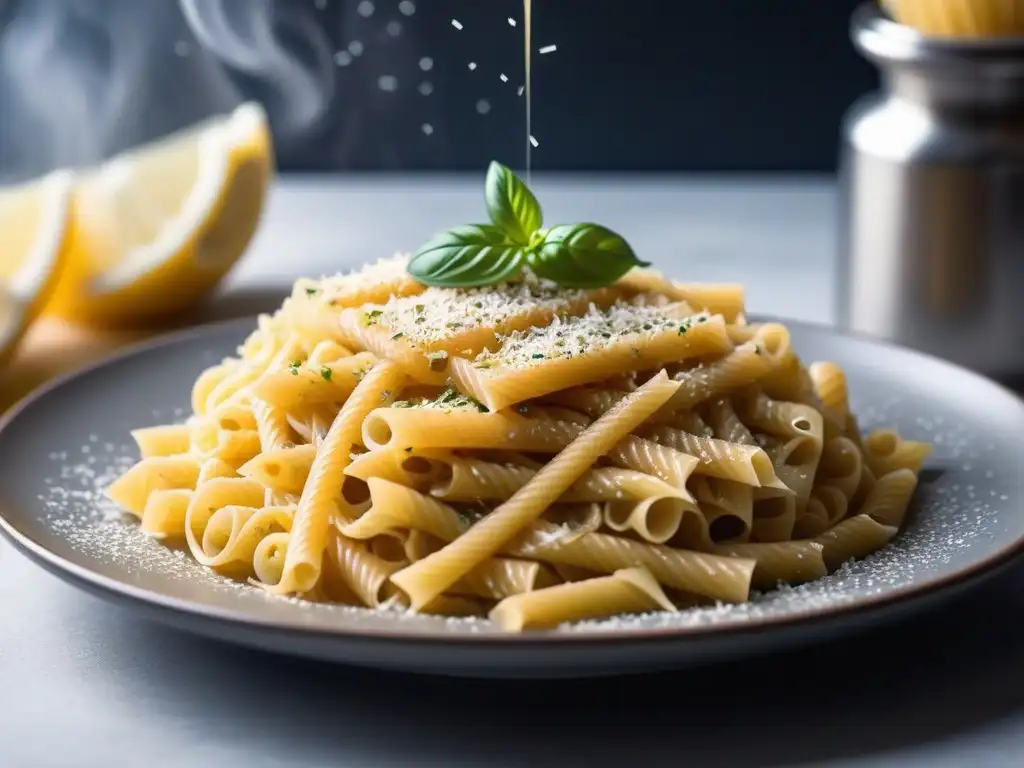 Delicioso queso vegano rallado sobre pasta recién cocida Mano rallando parmesano vegano casero sobre pasta recién cocida