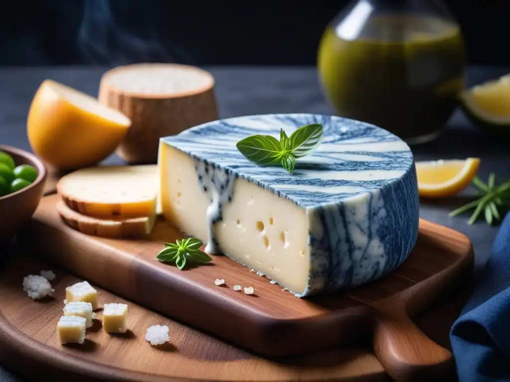 Mano espolvoreando sal marina sobre queso Gorgonzola vegano recién cortado