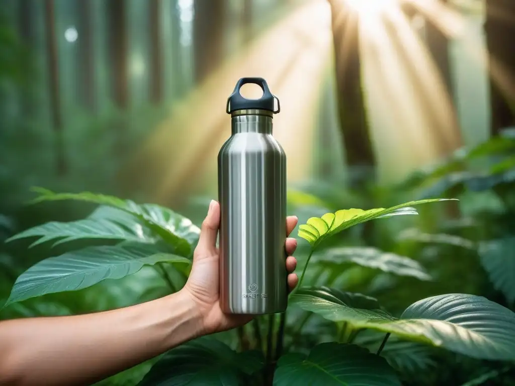 Mano de viajero sostenible sostiene botella acero inoxidable en bosque verde con luz solar, reflejando armonía con 'Consejos viaje vegano sostenible'