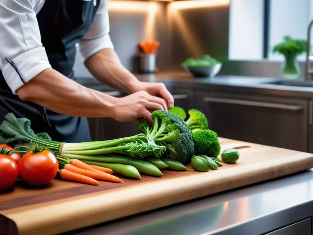 Manos de chef seleccionan verduras frescas para técnicas de blanqueado