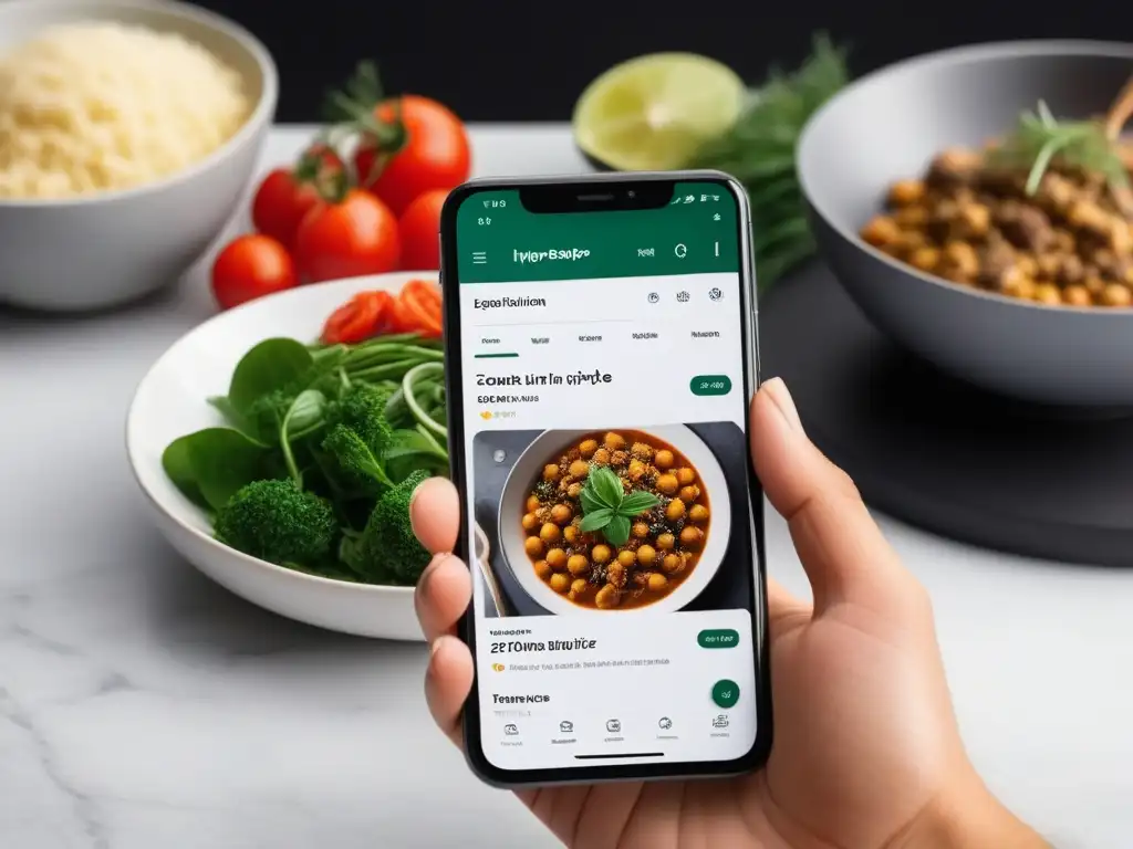 Manos elegantes sostienen smartphone con app de recetas veganas y platillos coloridos