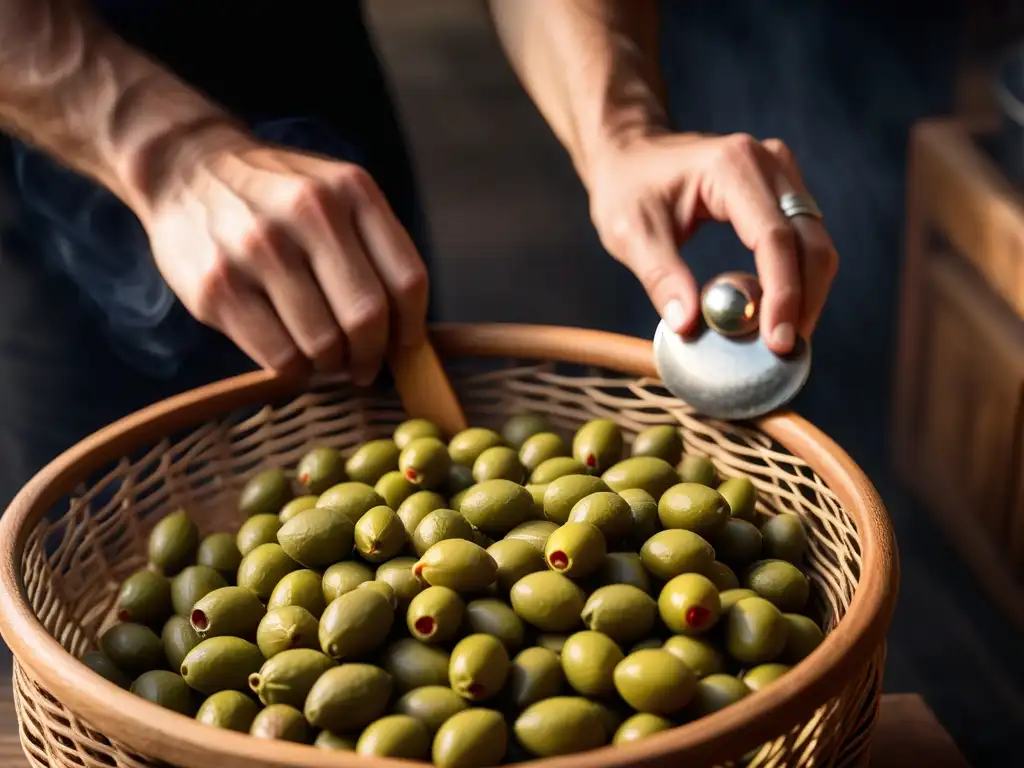 Manos expertas seleccionan aceitunas verdes en cesto de madera para Recetas veganas mediterráneas con aceitunas