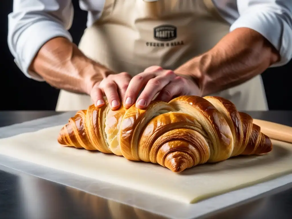 Manos expertas doblan capas de masa de croissant vegano, mostrando el proceso detallado de laminado