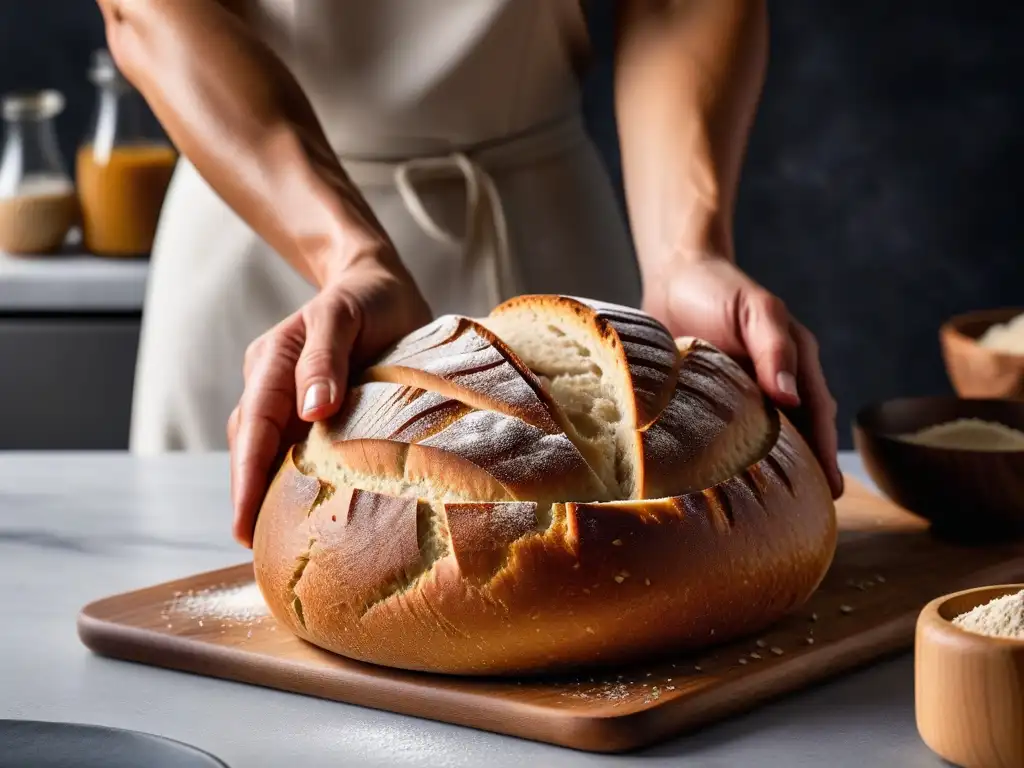 Unas manos expertas moldean con cuidado una masa de pan sin gluten vegano, resaltando texturas y elasticidad