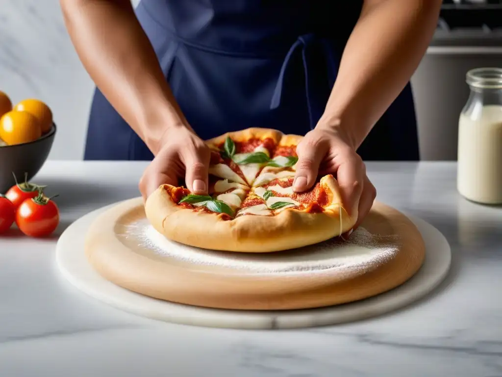 Manos expertas amasan masa de pizza vegana sin gluten en elegante encimera de mármol