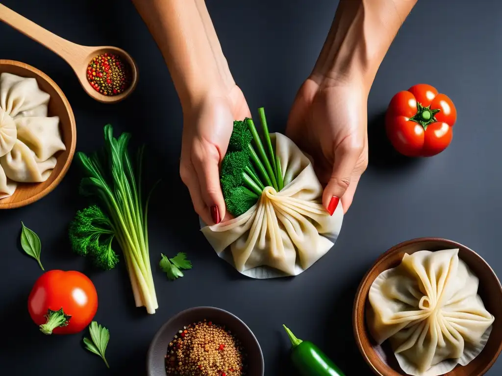 Manos expertas moldeando masa de dumplings veganos con precisión