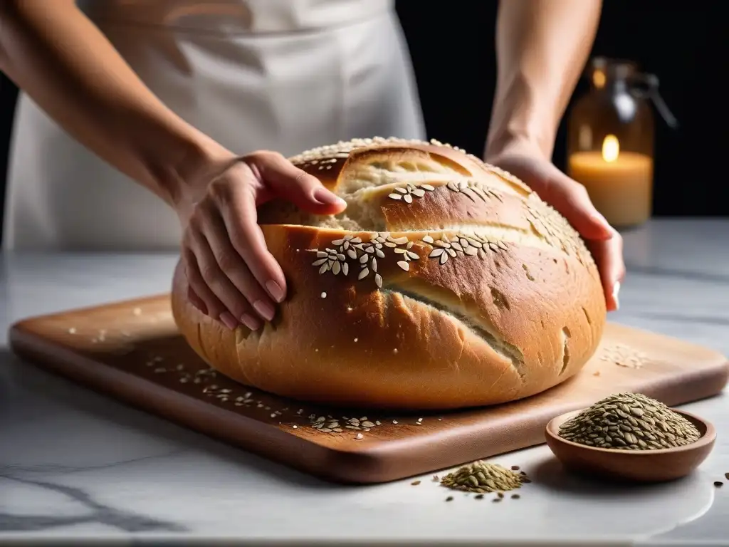 Manos expertas en panadería vegana moldeando masa para pan crujiente en elegante encimera de mármol