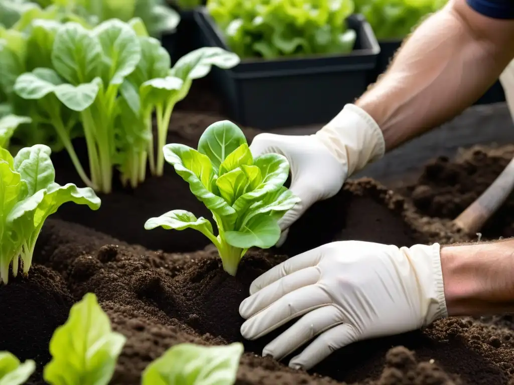 Unas manos expertas siembran plántulas verdes en un huerto urbano vegano, con tierra oscura y rica en compost