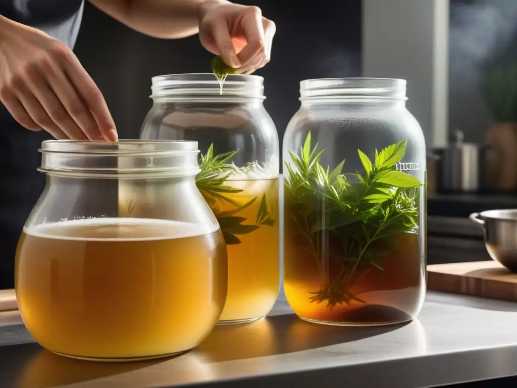 Unas manos preparan kombucha casera en una cocina moderna, destacando el proceso detallado