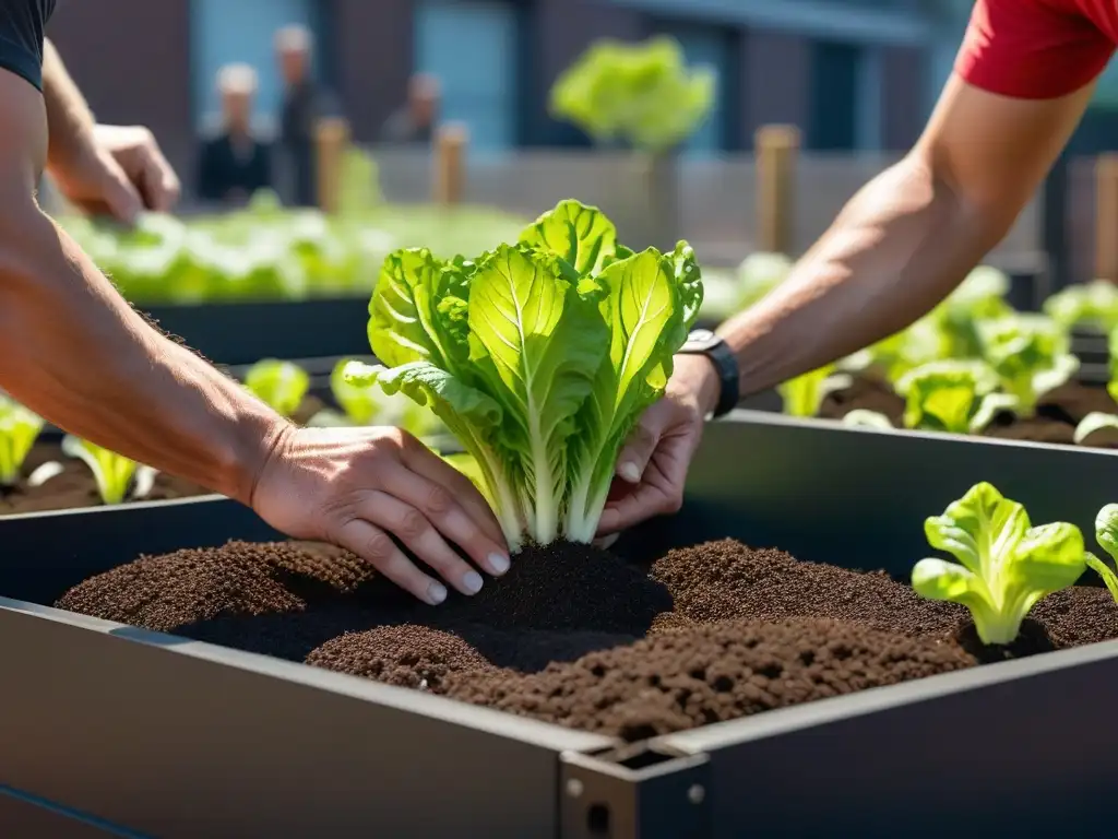 Unas manos plantan lechugas en un huerto urbano vegano