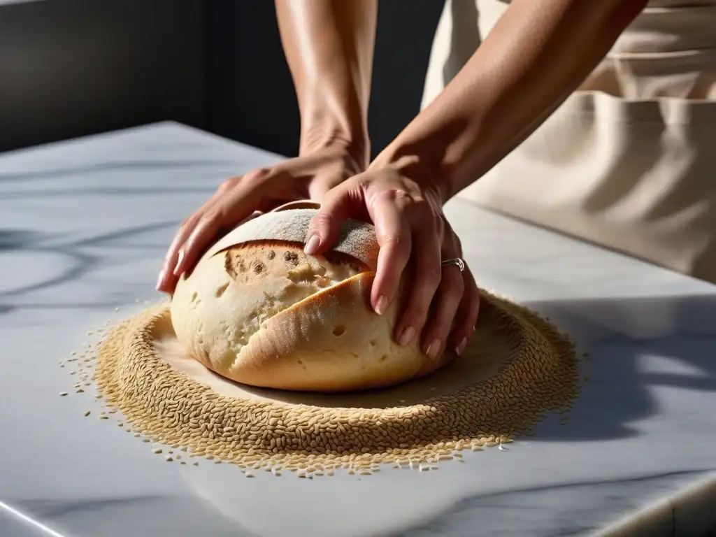 Manos amasando masa madre vegana sin gluten en encimera de mármol, con semillas esparcidas y anillos de plata, bañadas por la luz del sol