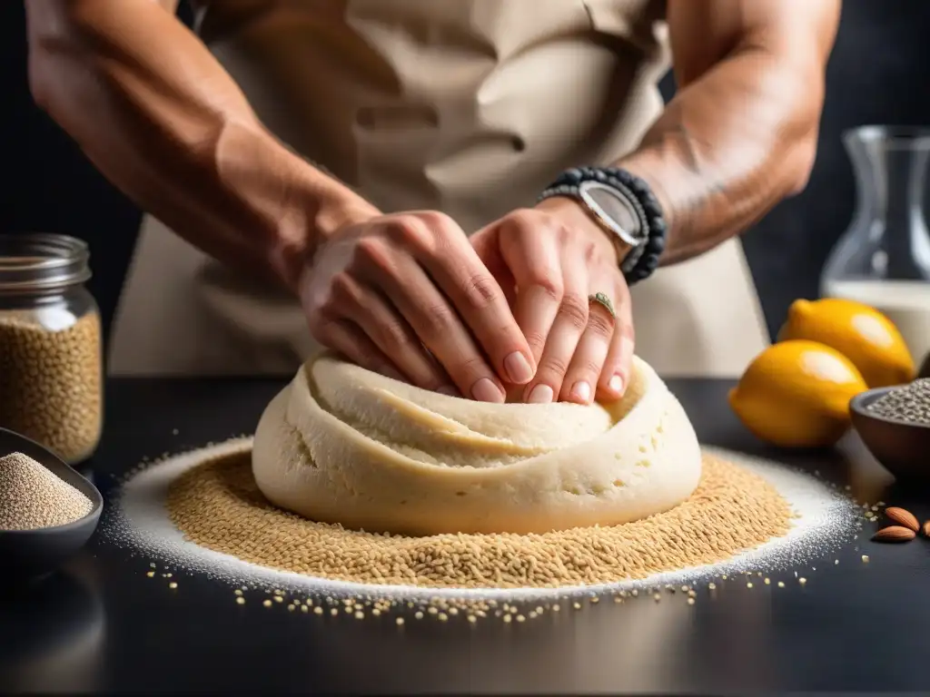 Unas manos de panadera vegana amasan con destreza una masa esponjosa, decoradas con anillos modernos