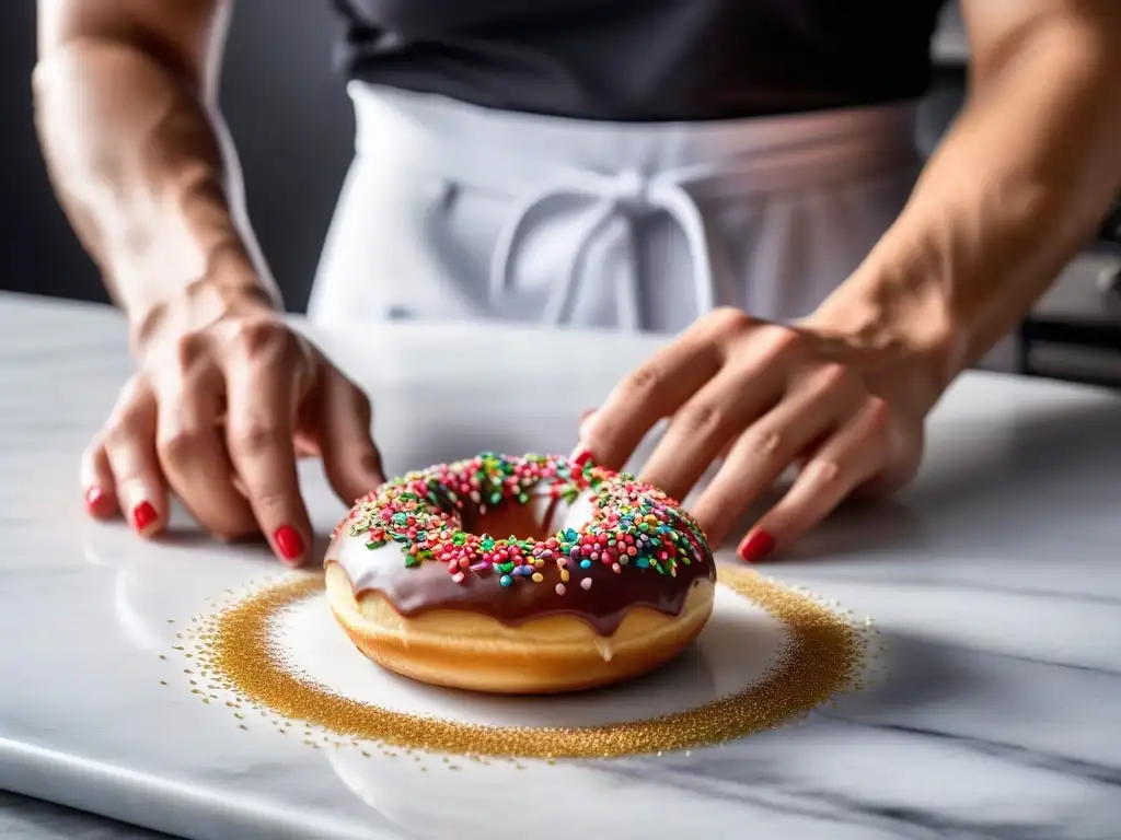 Unas manos de panadero moldean con destreza donas veganas esponjosas en una cocina moderna