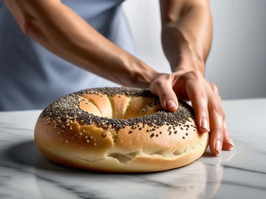 Manos de panadero moldeando masa de bagels veganos sin gluten, con semillas de chía y linaza en encimera de mármol