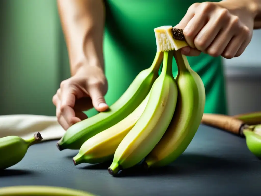 Manos pelando un plátano verde, resaltando su textura firme y color brillante